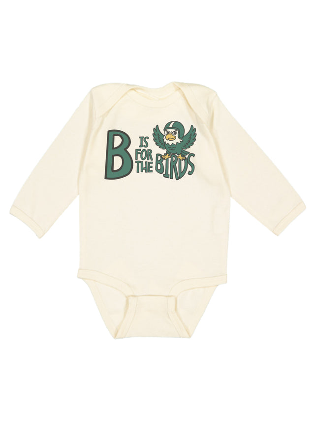A cream-colored long-sleeve baby bodysuit featuring a green and yellow graphic on the chest that reads 'B IS FOR THE BIRDS' alongside a bird mascot, displayed against a plain white background.