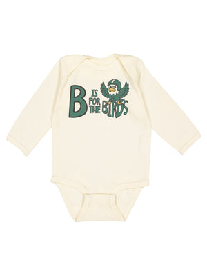 A cream-colored long-sleeve baby bodysuit featuring a green and yellow graphic on the chest that reads 'B IS FOR THE BIRDS' alongside a bird mascot, displayed against a plain white background.