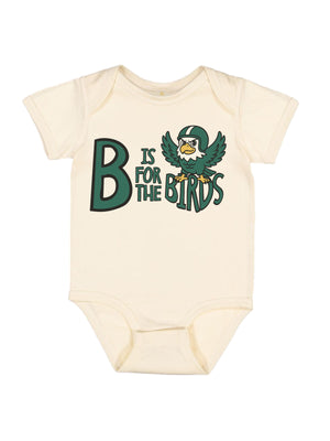 Natural baby bodysuit with “B Is for the Birds” Philly football design and cartoon eagle