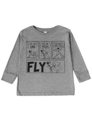A heather gray long-sleeve t-shirt with a black comic strip graphic on the front featuring the word 'FLY' and cartoon illustrations.
