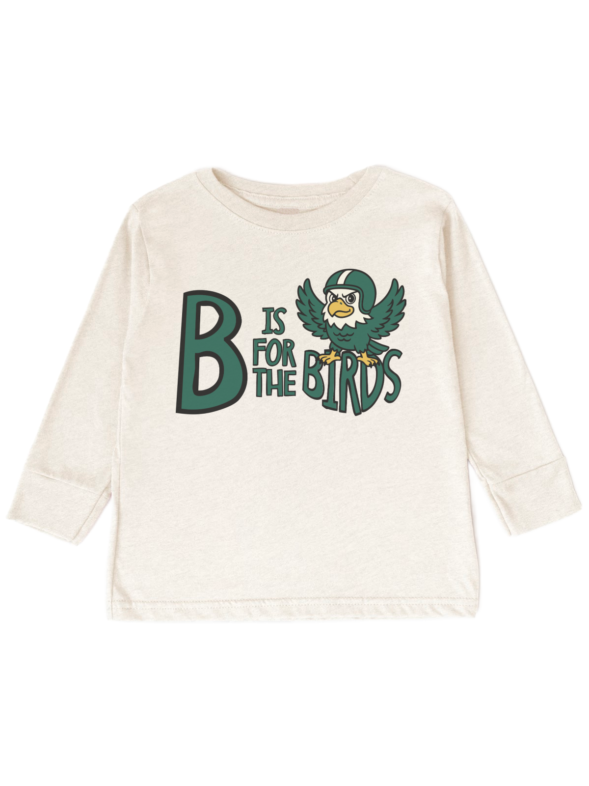 An off-white short-sleeve kids' t-shirt featuring a green and yellow graphic that reads 'B IS FOR THE BIRDS' alongside a cartoon bird mascot.