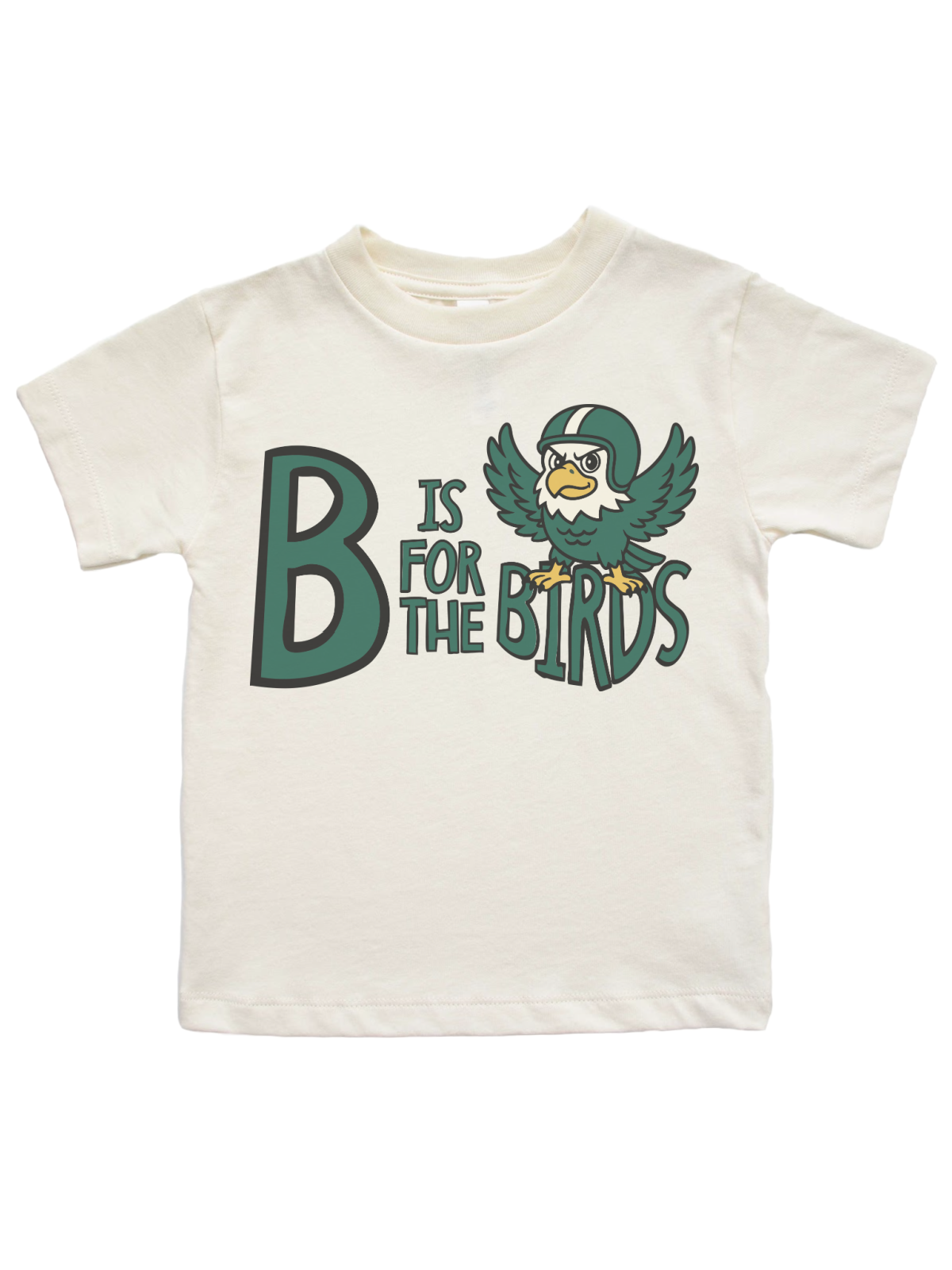 An off-white short-sleeve kids' t-shirt featuring a green and yellow graphic that reads 'B IS FOR THE BIRDS' alongside a cartoon bird mascot.