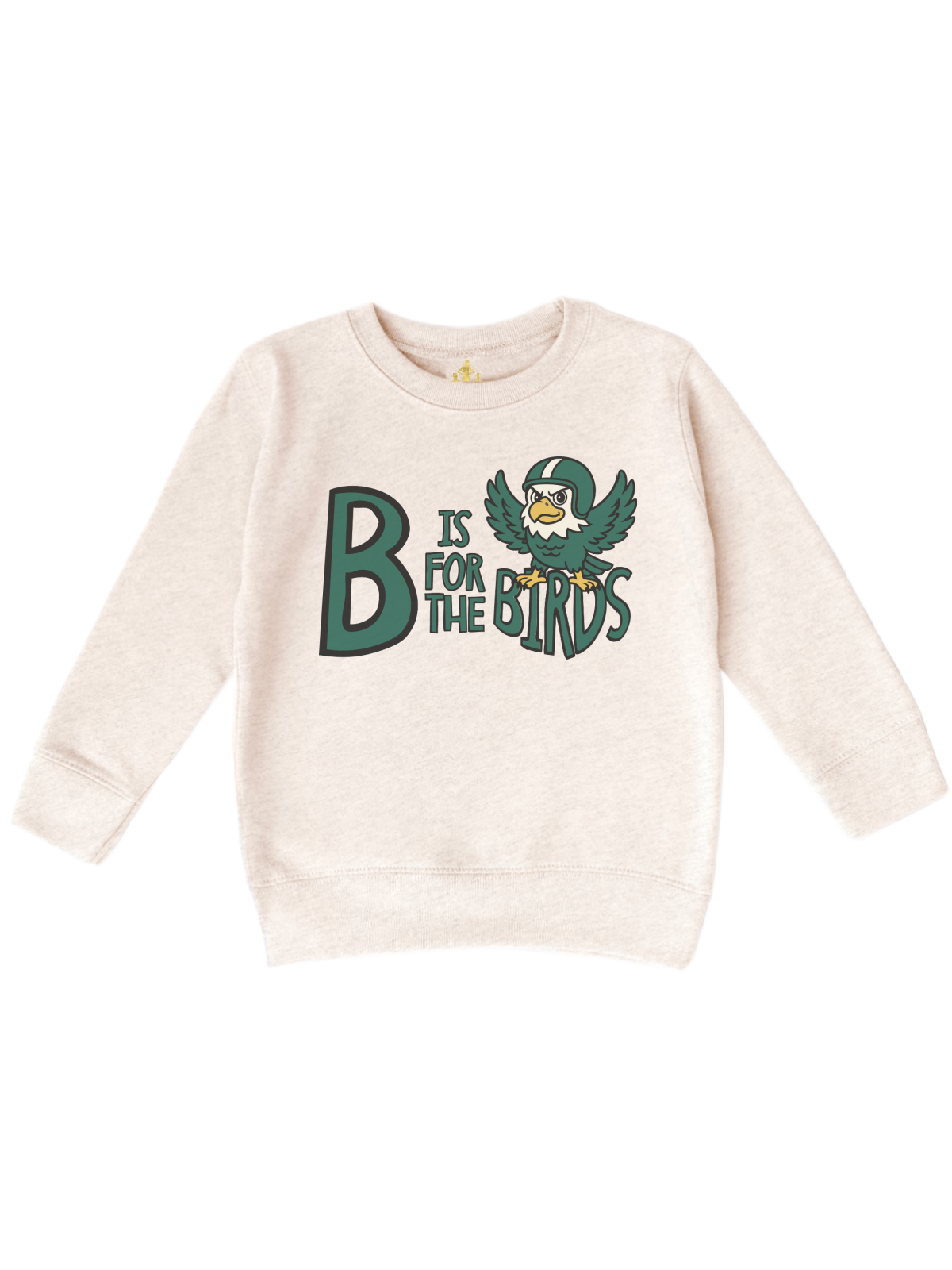 An off-white heathered crewneck sweatshirt featuring a graphic print of a green and yellow bird mascot next to the text 'B IS FOR THE BIRDS'.