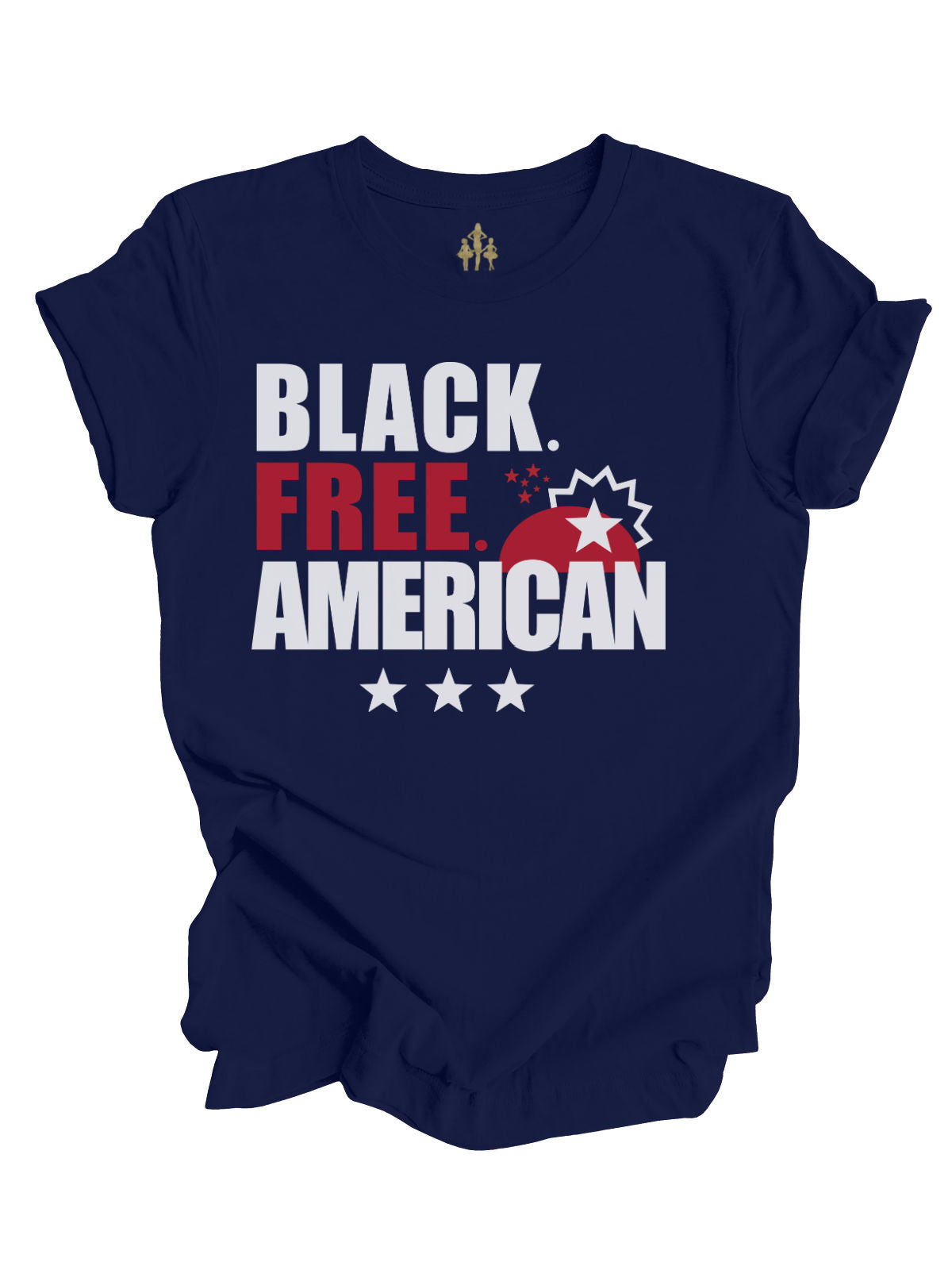 Navy blue adult Juneteenth shirt with bold white and red text reading “Black. Free. American.” featuring a Juneteenth starburst symbol and three stars underneath.