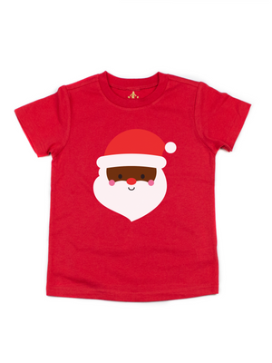 Red short sleeve kids shirt with cartoon African American Santa design