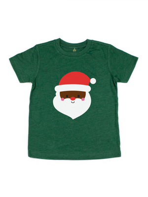 green short sleeve kids shirt with cartoon African American Santa design