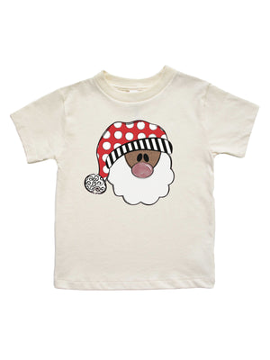 Short sleeve natural kids t-shirt with African American Santa in polka dot hat