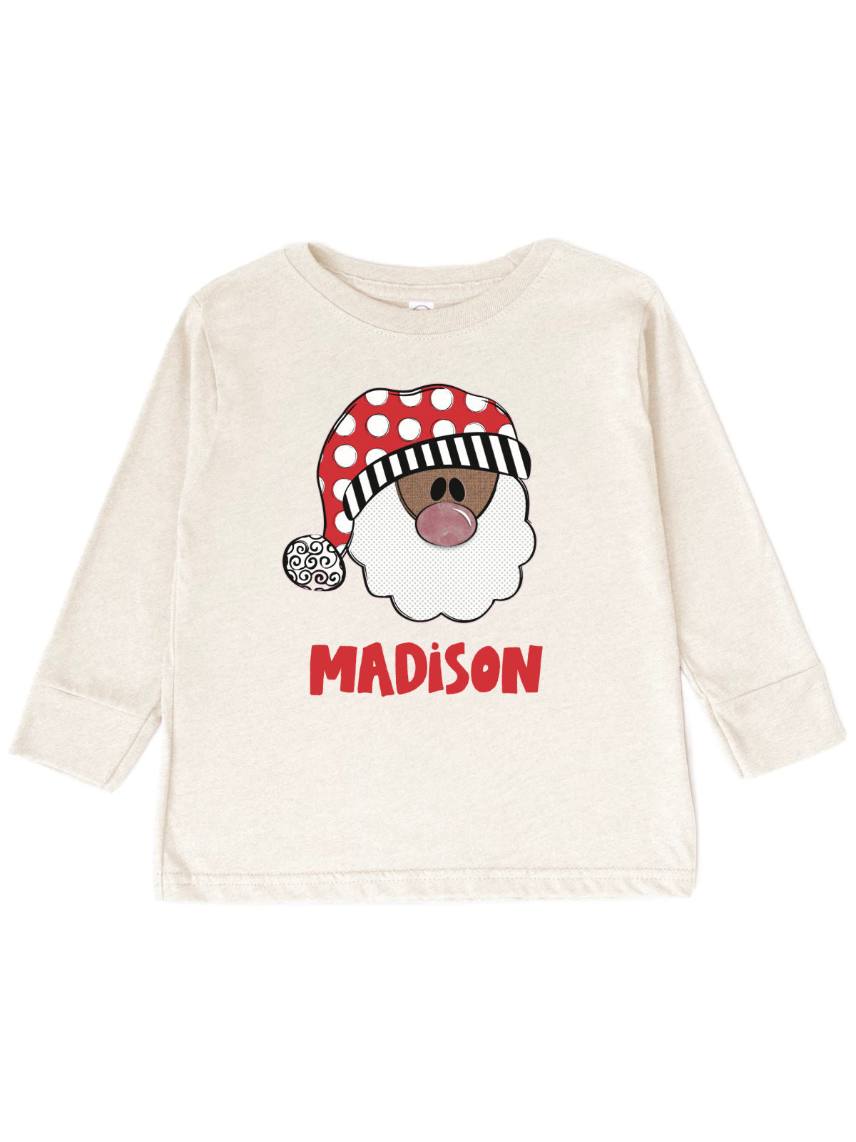 Long sleeve kids natural beige t-shirt with black santa in polka dot hat