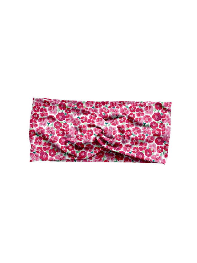Adult-sized Blooming Fields twisted turban headband in pink floral spring print with soft stretch fabric.







