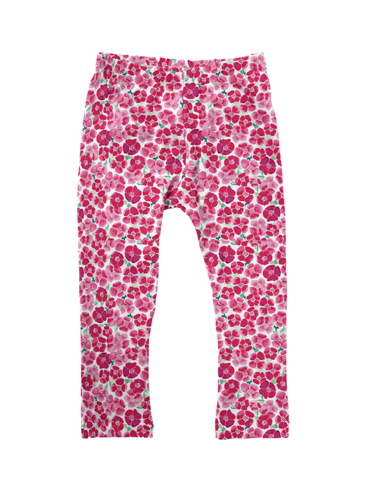 Blooms Field girls leggings featuring a vibrant pink floral pattern with watercolor-style flowers on a white background