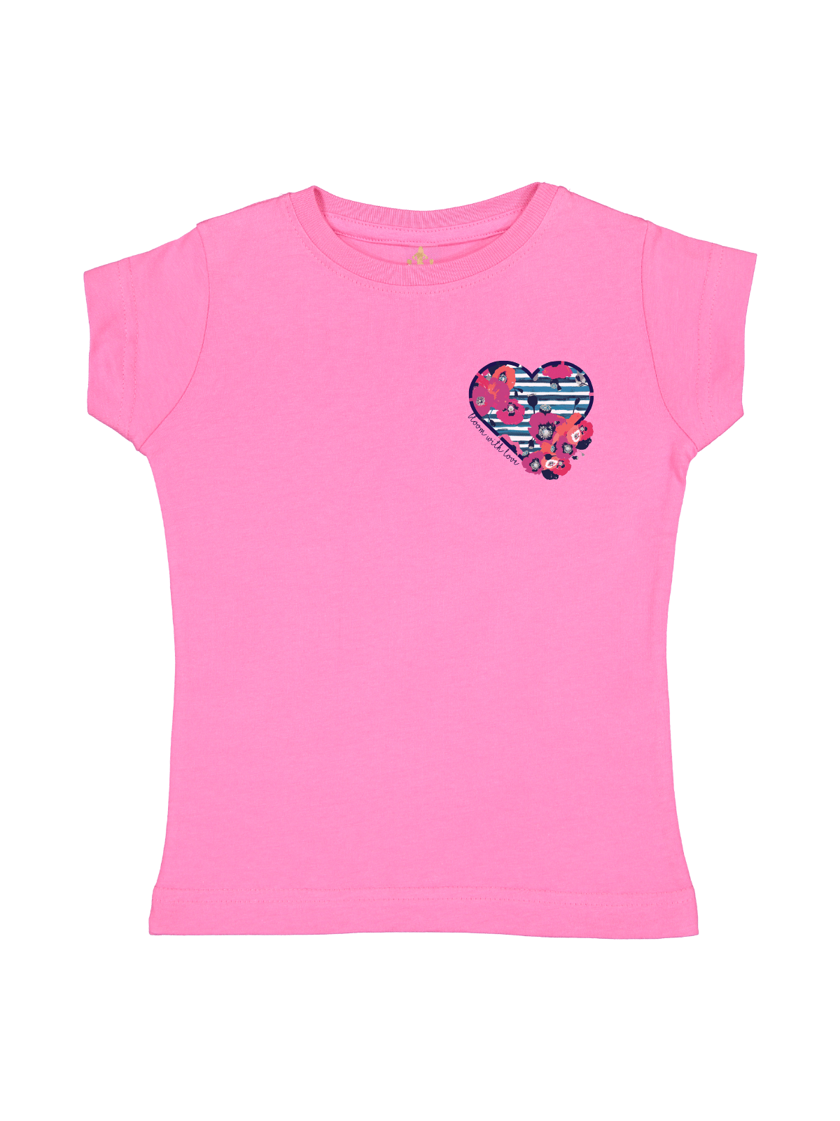 Pink girls t-shirt with floral heart pocket design and navy script that reads "bloom with love," styled as a coordinating Mother's Day outfit.
