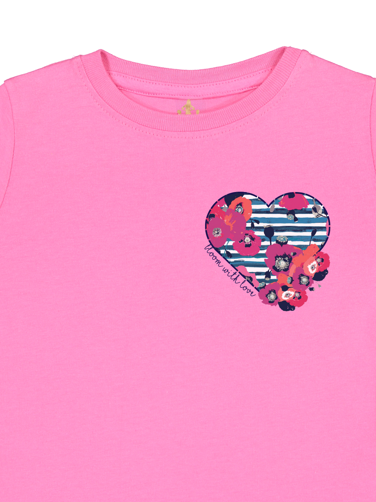 Pink girls t-shirt with floral heart pocket design and navy script that reads "bloom with love," styled as a coordinating Mother's Day outfit.