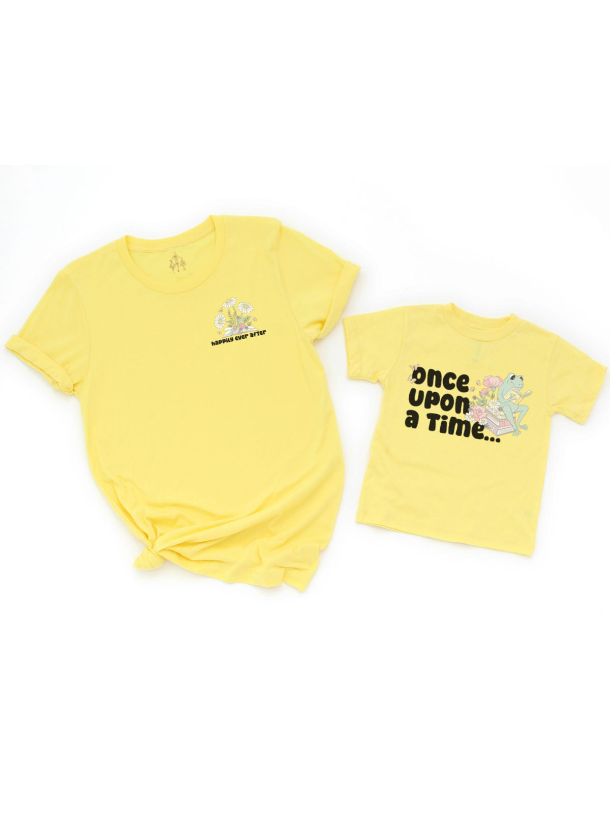 Matching yellow mommy and me shirts with book and flower illustrations – Mackenzie Madison of Philadelphia