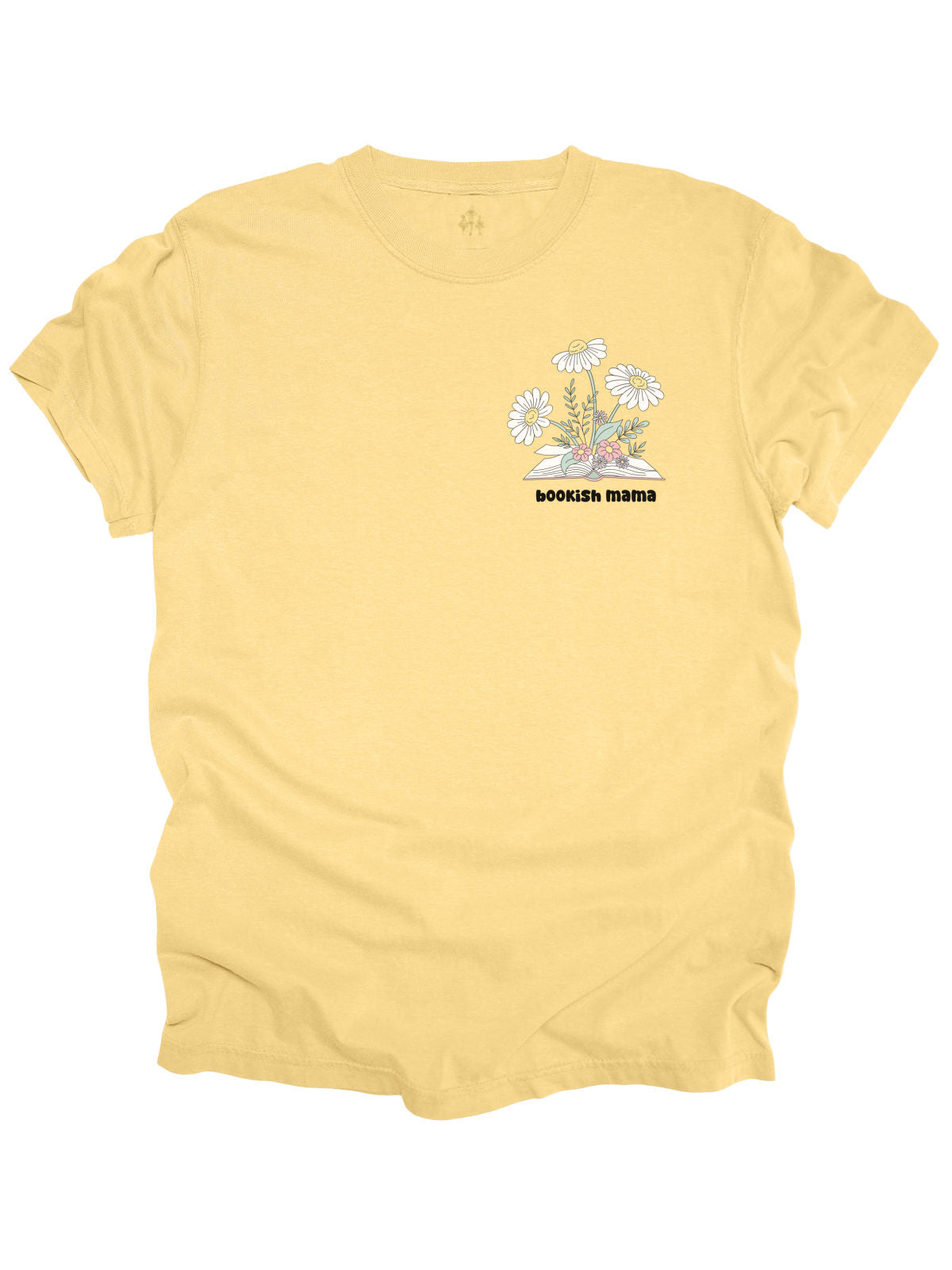 Bookish Mama banana yellow t-shirt with floral pocket design