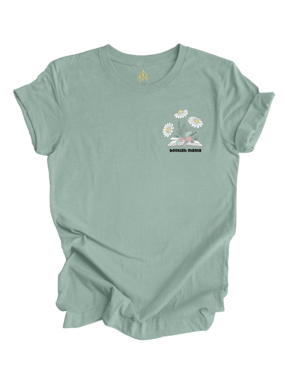 Front view of dusty blue “Bookish Mama” floral t-shirt with book and daisy design.
