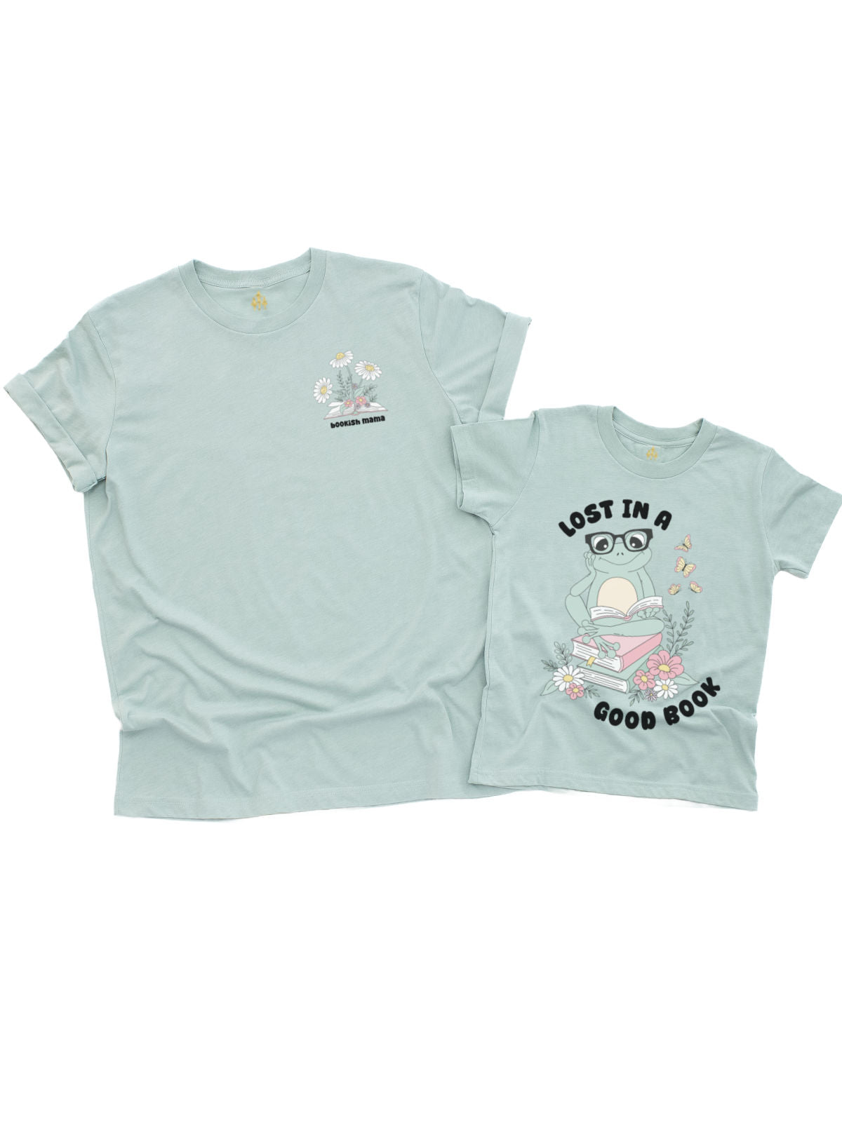 Matching mommy & me book lover shirts in dusty blue. Features "Bookish Mama" for moms and "Lost in a Good Book" for kids. Perfect for reading time!