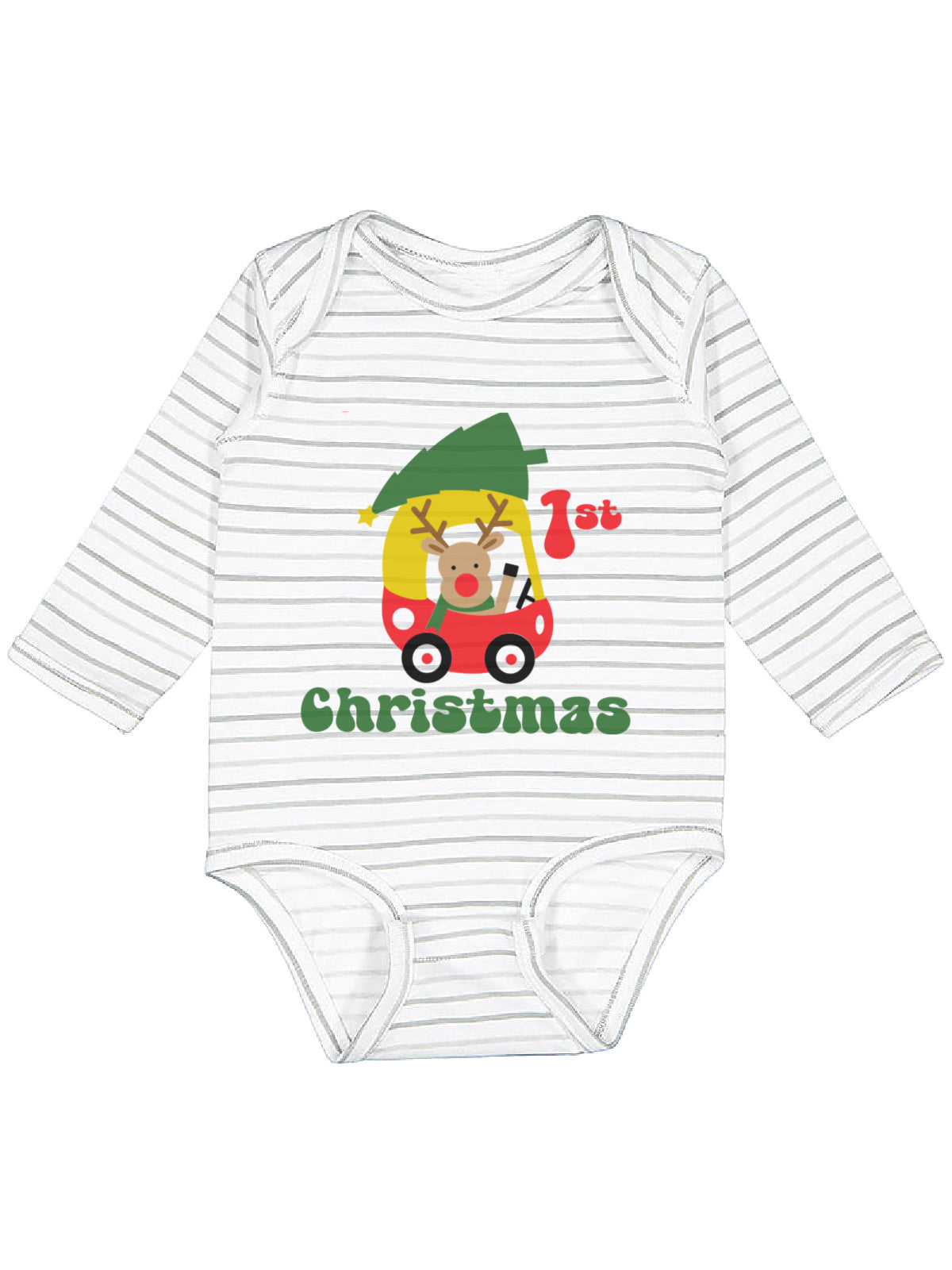 Long sleeve white and gray stripes infant one piece personalized first Christmas design with reindeer