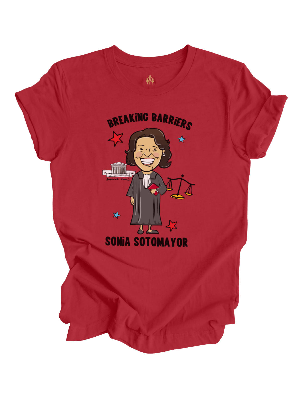 Red Women’s History Month t-shirt featuring an illustrated Sonia Sotomayor with “Breaking Barriers” text, Supreme Court graphics, and justice scales.

