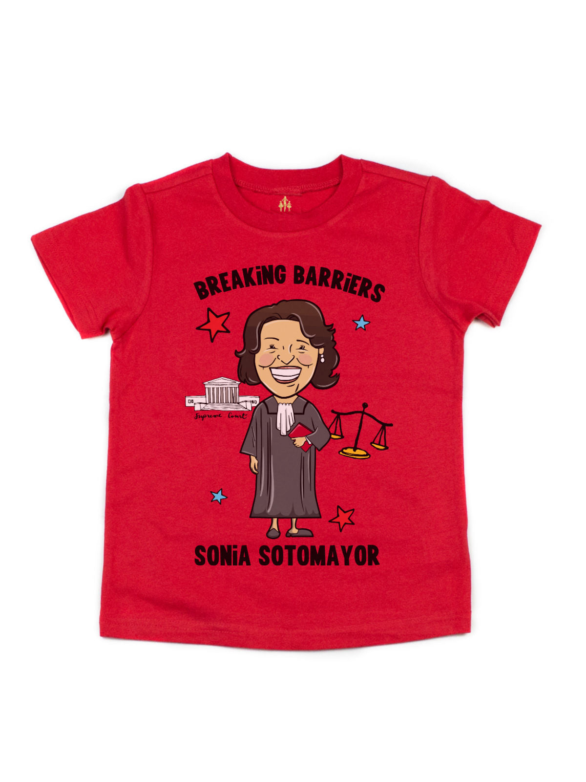 Bold red Sonia Sotomayor kids' shirt with an illustrated design, perfect for celebrating Women’s History Month.