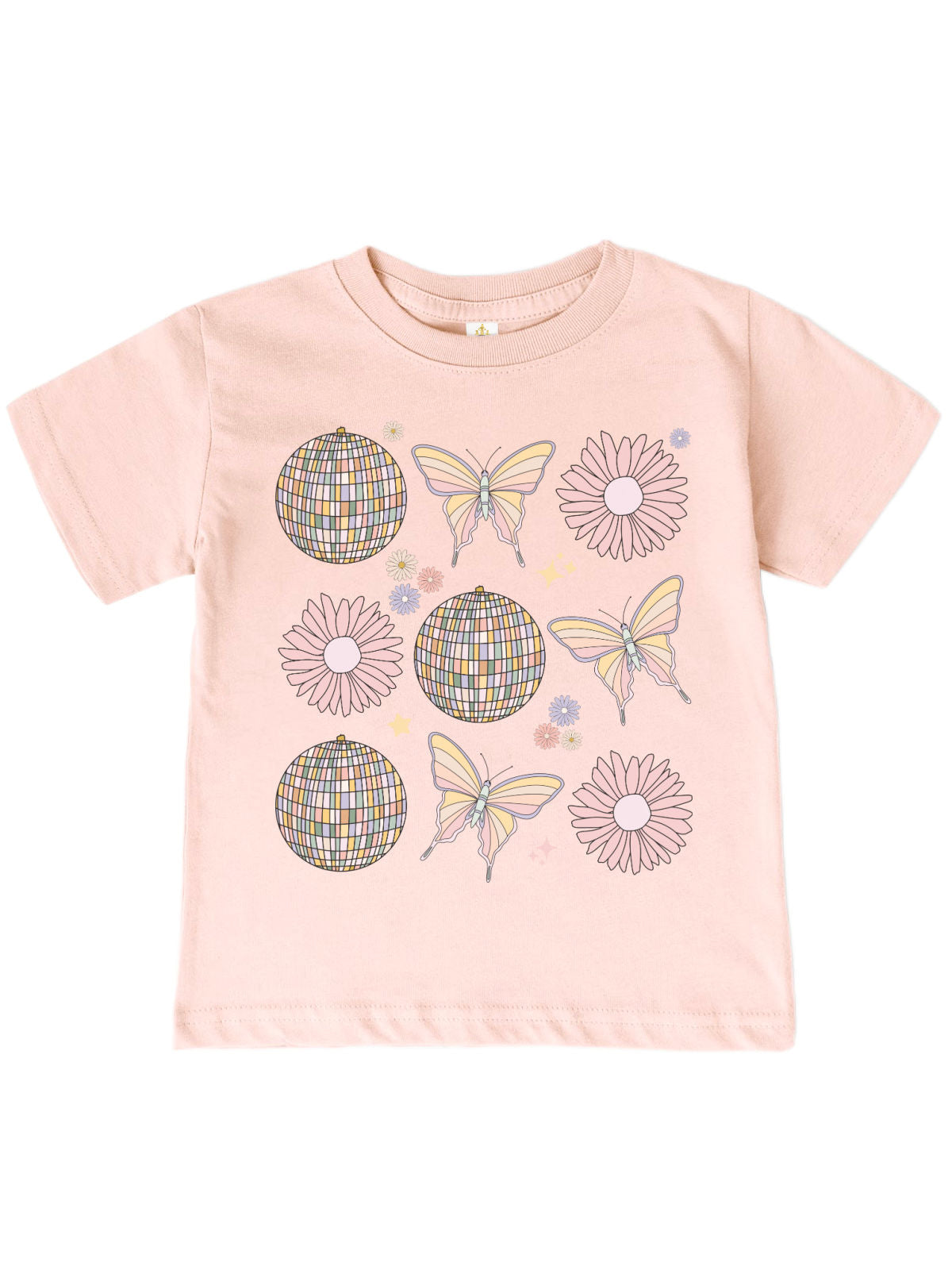 Girls' spring shirt in blush pink featuring pastel butterflies, disco balls, and daisies. Soft 100% cotton, unisex fit, perfect for Easter and spring outfits.