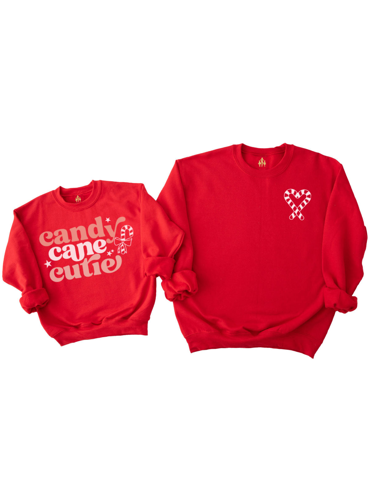 Matching Red Family Sweatshirts Kids says Candy Cane Cutie and Adults has a Candy Cane heart design