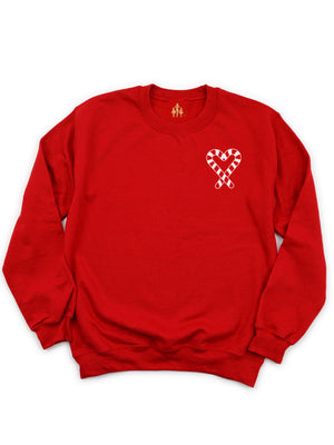 Long sleeve adult sweatshirt with candy cane heart design on left pocket