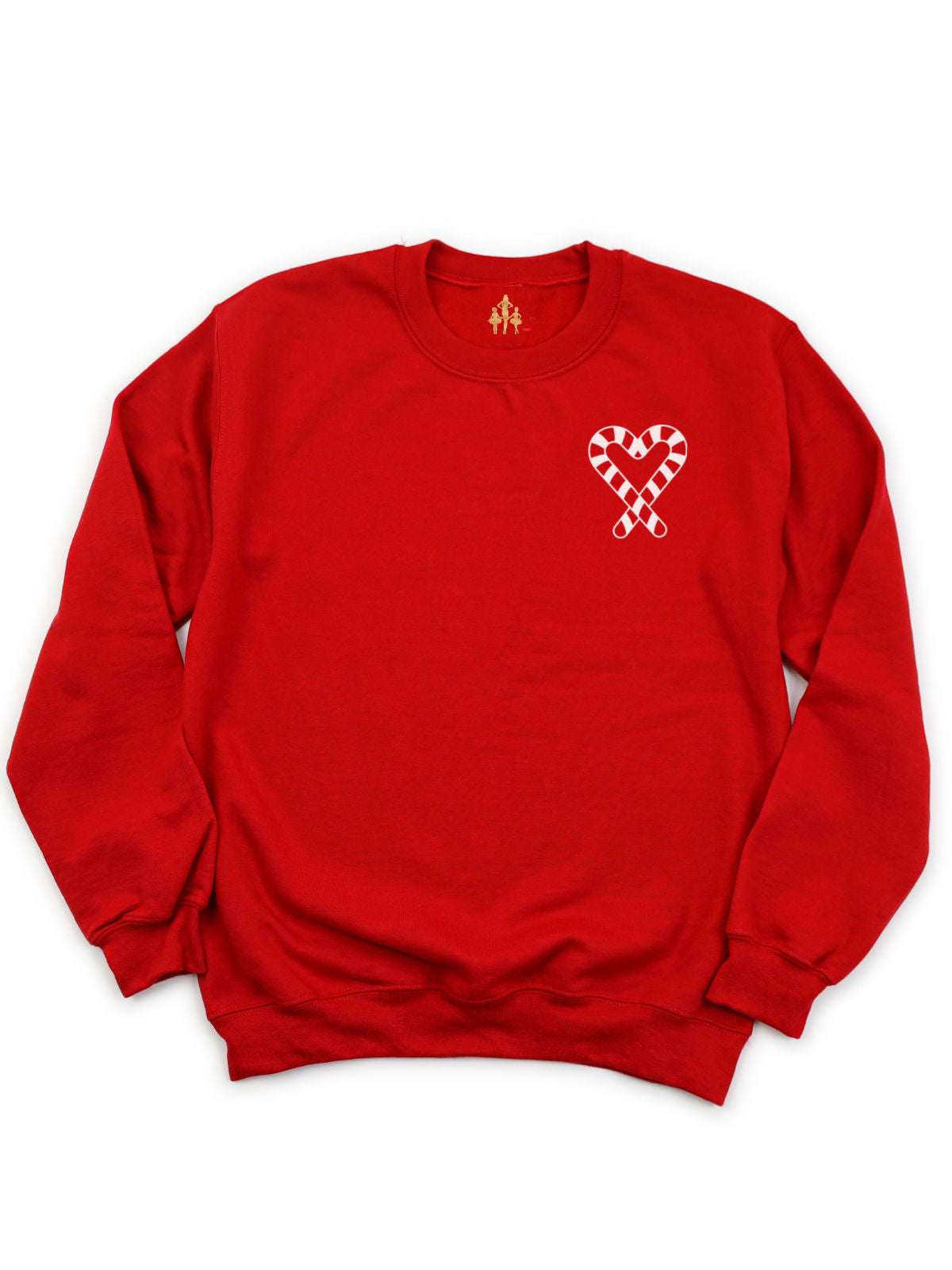 white long sleeve adult sweatshirt with red heart candy cane design