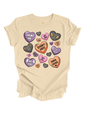 Halloween Candy Hearts Women's Shirt in Tan