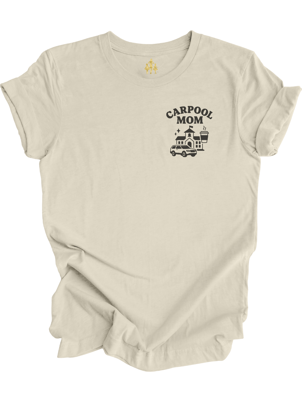 Carpool Mom shirt with schoolhouse and coffee graphic on tan tee