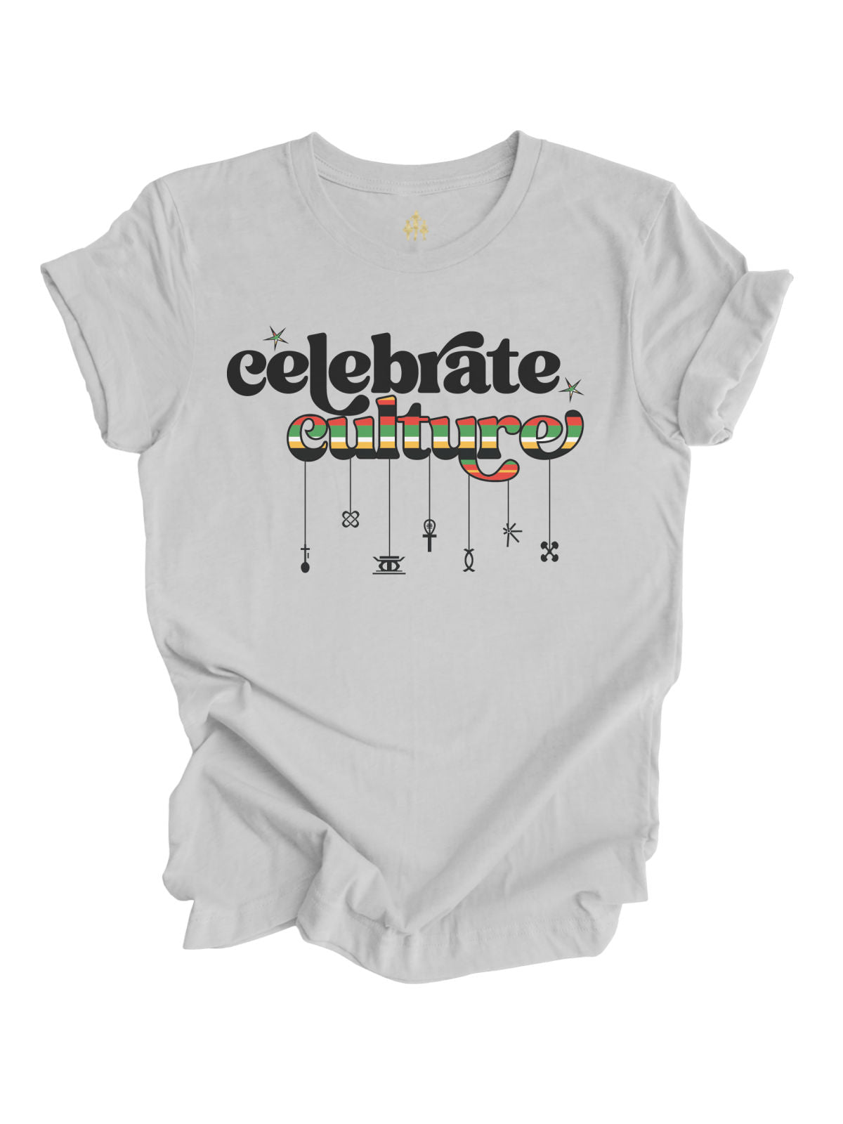 short sleeve heather gray adult t shirt that reads celebrate culture with african print and Kwanzaa symbols