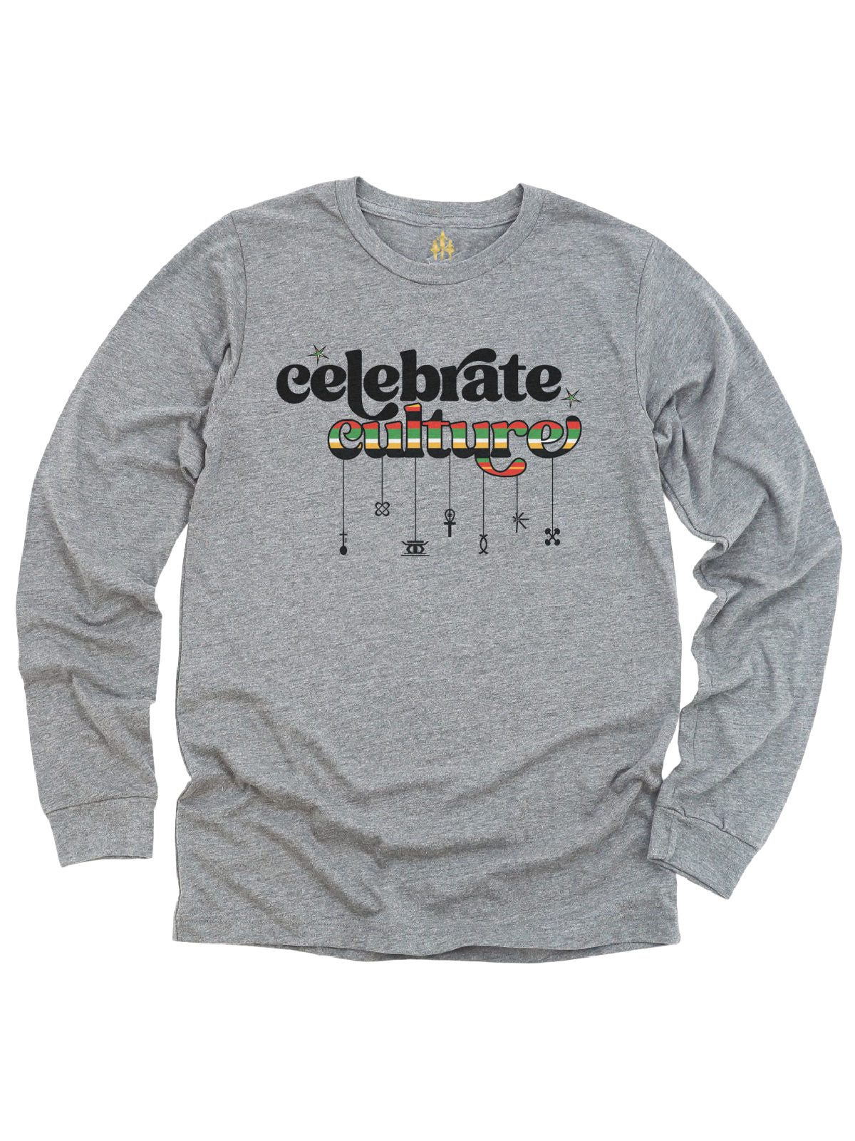 long sleeve heather gray adult t shirt that reads celebrate culture with african print and Kwanzaa symbols