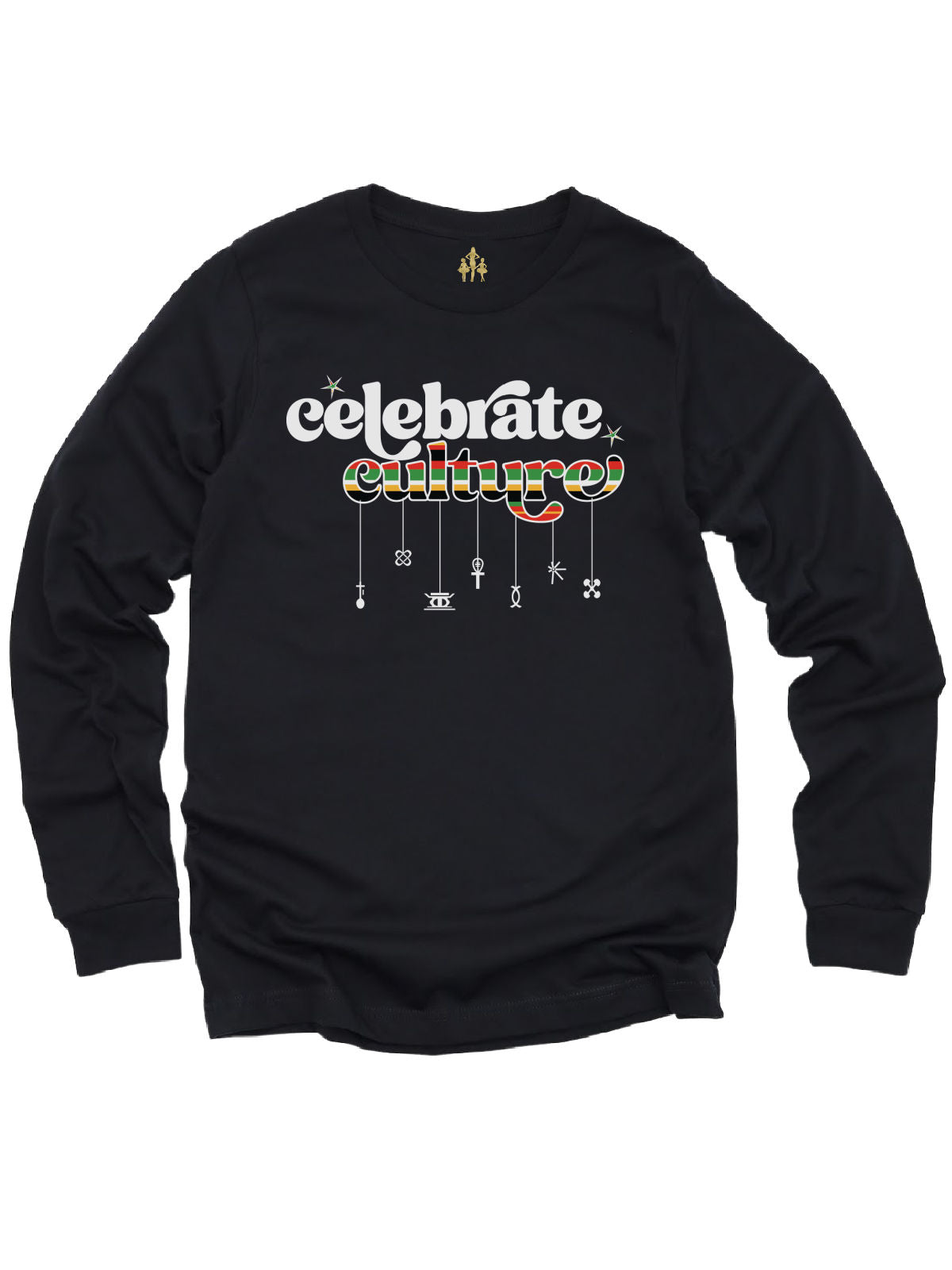 long sleeve black adult t shirt that reads celebrate culture with Kwanzaa symbols