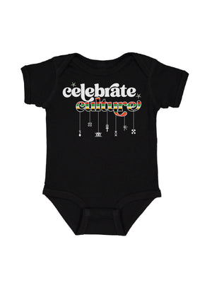 short sleeve black infant bodysuit that reads celebrate culture african pride kwanzaa symbols