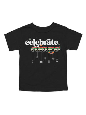 short sleeve black kids t shirt that reads celebrate culture african pride kwanzaa symbols