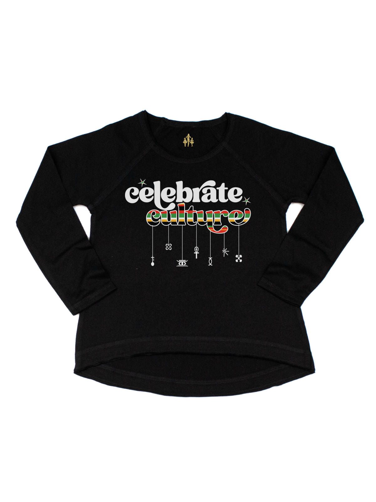 long sleeve black kids t shirt that reads Celebrate Culture African pride Kwanzaa symbols