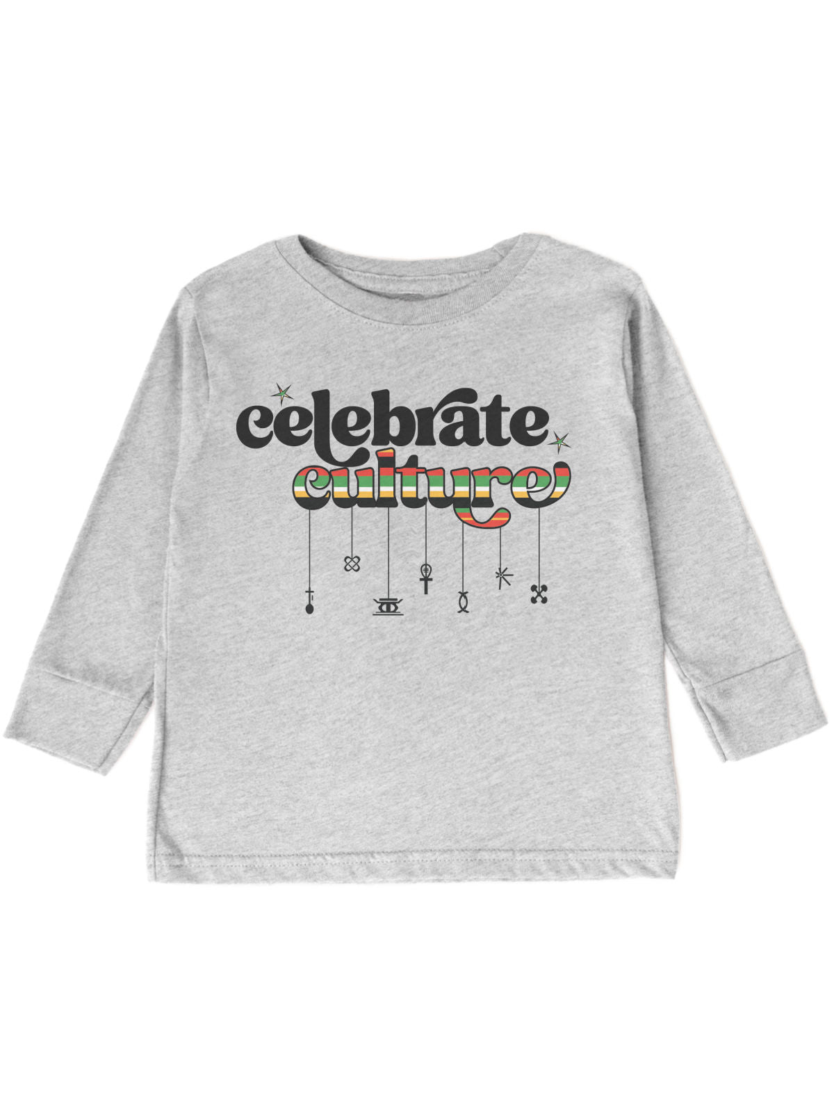 long sleeve heather gray kids t shirt that reads celebrate culture african pride kwanzaa symbols