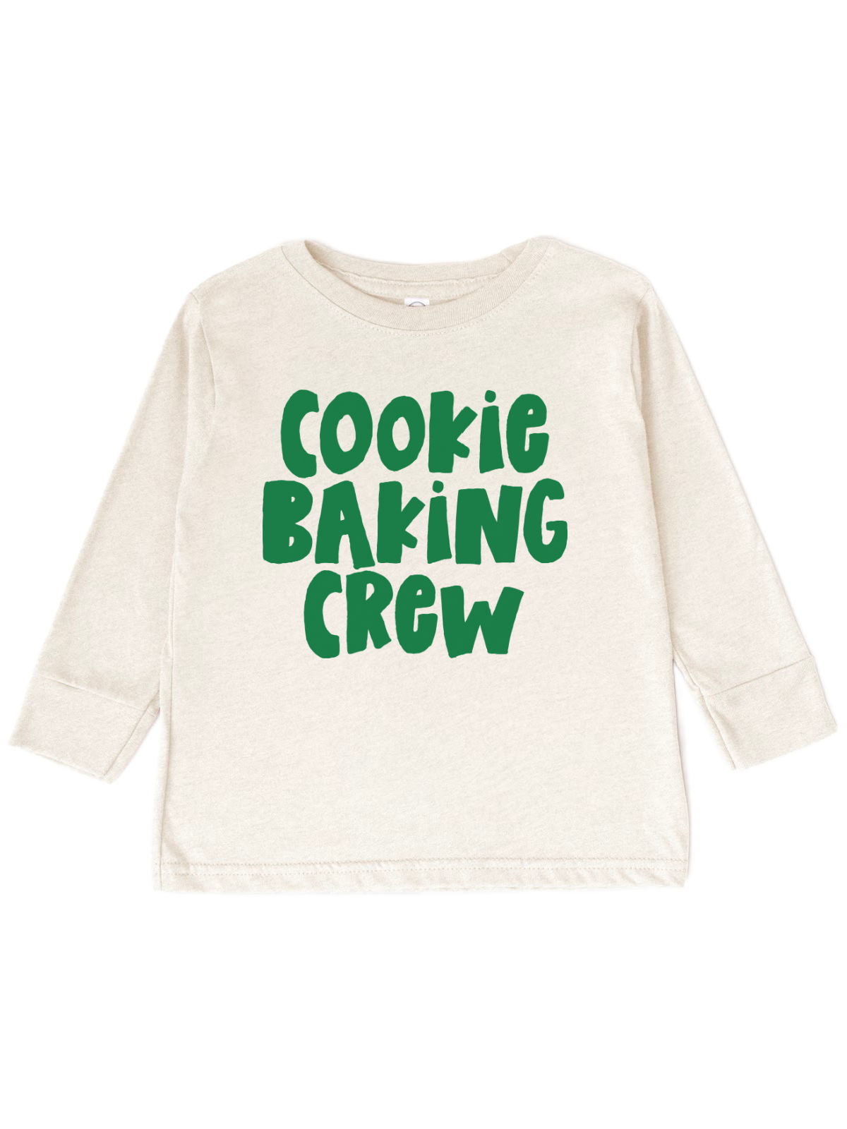 Natural long sleeve kids t-shirt with green Cookie Baking Crew wording