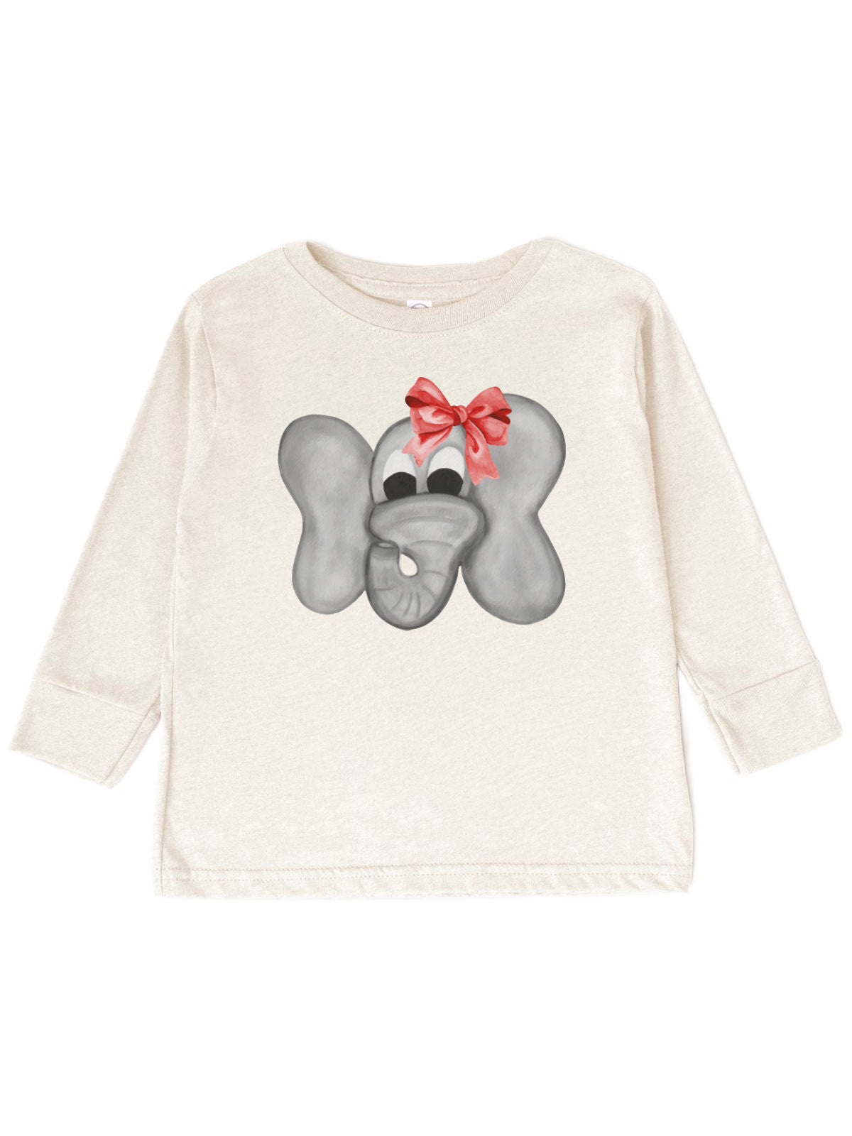 long sleeve kids natural t-shirt with Christmas elephant in red bow