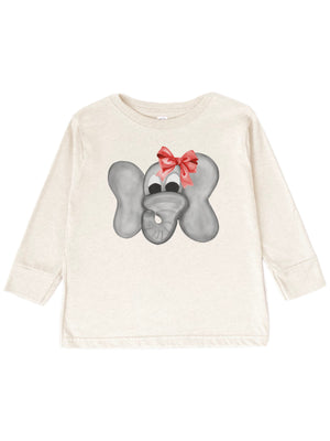 long sleeve kids natural t-shirt with Christmas elephant in red bow