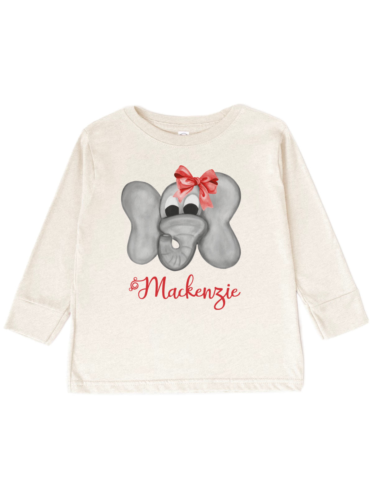 long sleeve natural kids t-shirt with elephant in red bow