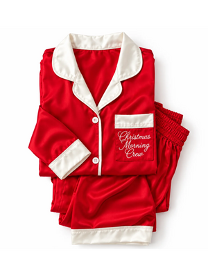 Red and cream satin 2 pc lounge set that reads Christmas Morning Crew on pocket