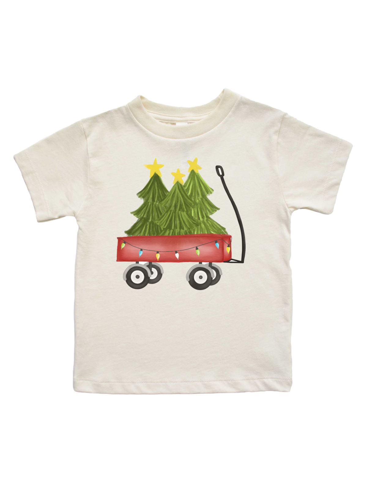 Short sleeve natural kids t shirt with red wagon and Christmas trees