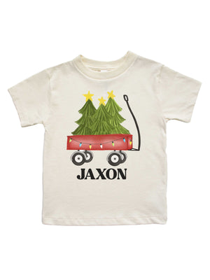 Short sleeve natural kids t shirt with red wagon and Christmas trees