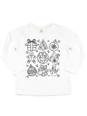 Kids white long sleeve t-shirt with holiday things like presents, Christmas tree, and ornaments. Color with washable markers