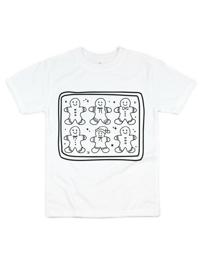 A white short-sleeve crewneck t-shirt featuring a black line art graphic of six gingerbread men inside a rounded rectangular border on the chest.