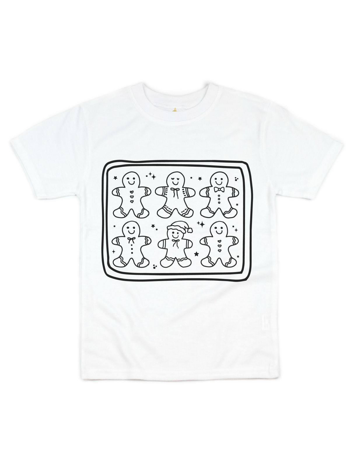 A white short-sleeve crewneck t-shirt featuring a black line art graphic of six gingerbread men inside a rounded rectangular border on the chest.