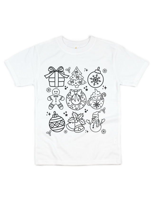 A white short-sleeve crewneck t-shirt featuring a black line art graphic of various Christmas illustrations, including a gift box, decorated tree, ornaments, candy cane, gingerbread man, snowman, and bells, displayed on a clean white background.