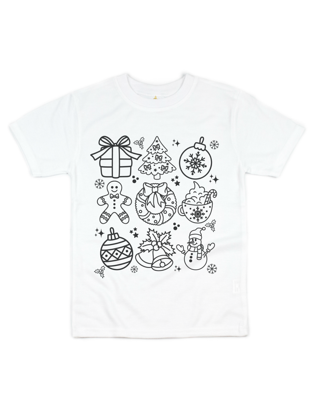 A white short-sleeve crewneck t-shirt featuring a black line art graphic of various Christmas illustrations, including a gift box, decorated tree, ornaments, candy cane, gingerbread man, snowman, and bells, displayed on a clean white background.
