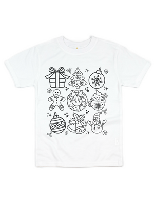 A white short-sleeve crewneck t-shirt featuring a black line art graphic of various Christmas illustrations, including a gift box, decorated tree, ornaments, candy cane, gingerbread man, snowman, and bells, displayed on a clean white background.