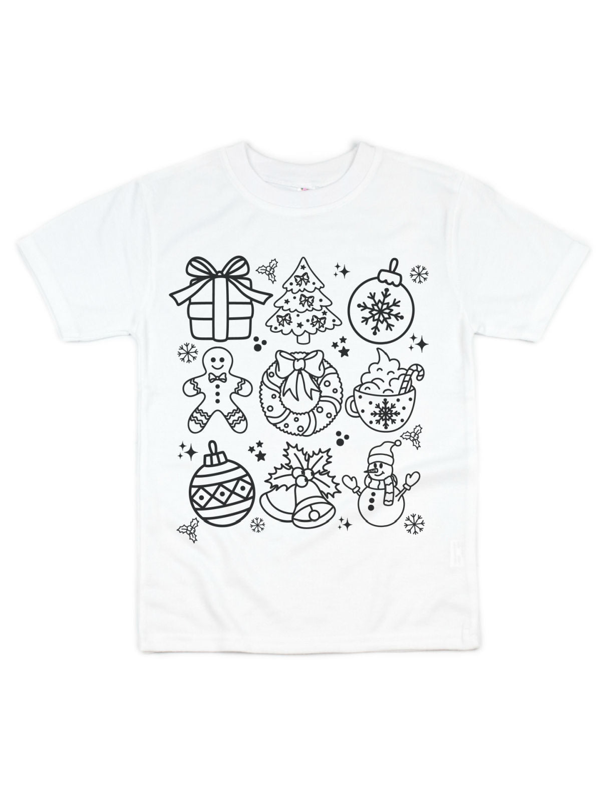 Kids white short sleeve t-shirt with holiday things like presents, Christmas tree, and ornaments. Color with washable markers